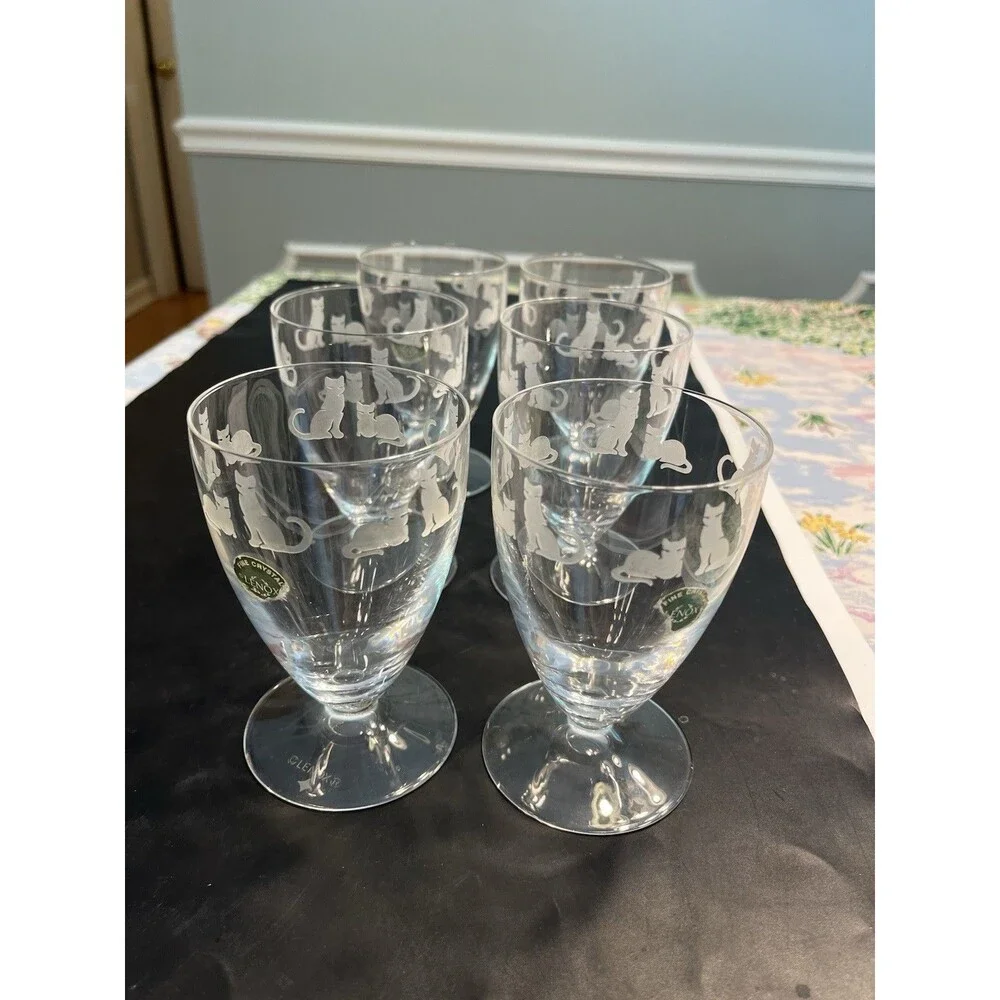 6pc Lenox Crystal Clear Etched Frosted Kitten Cat Dessert Water Footed Glasses